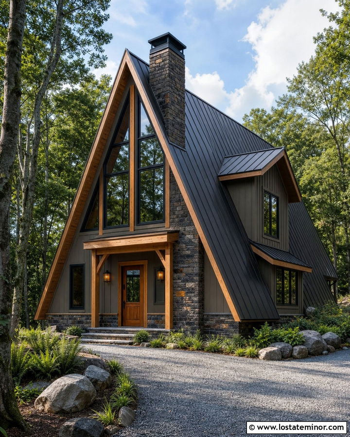 Taupe A Frame With Tall Stone Chimney - 30 Taupe House Design With Chimney Ideas