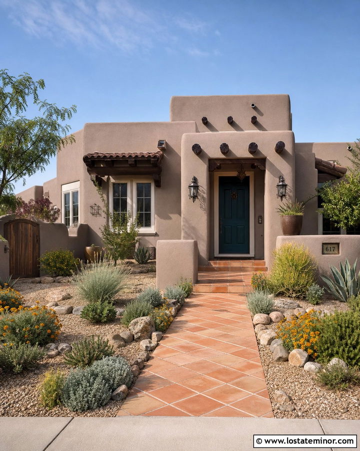 Taupe Adobe House With Terracotta Walkway - 30 Taupe House Design With Walkway Ideas