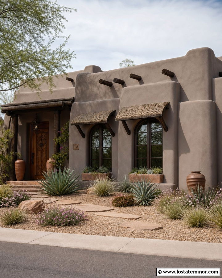 Taupe Adobe House With Woven Awnings - 30 Taupe House Design With Awning Ideas