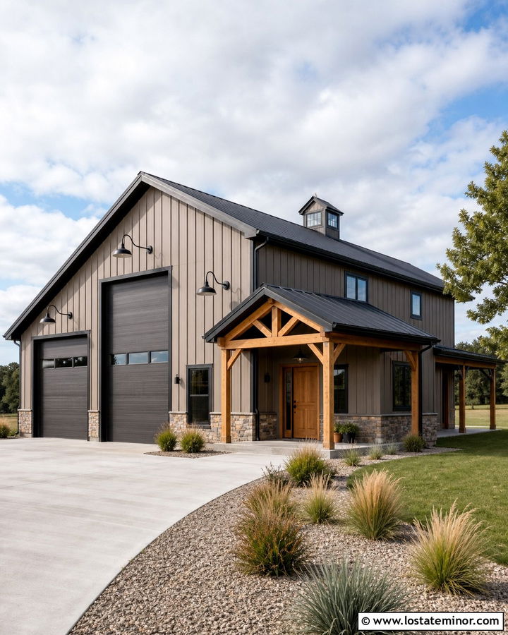 Taupe Barndominium With Gooseneck Lights - 30 Taupe House Design With Lighting Ideas
