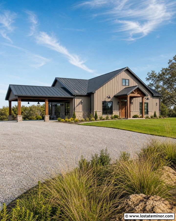 Taupe Barndominium With Metal Carport - 30 Taupe House Design With Carport Ideas