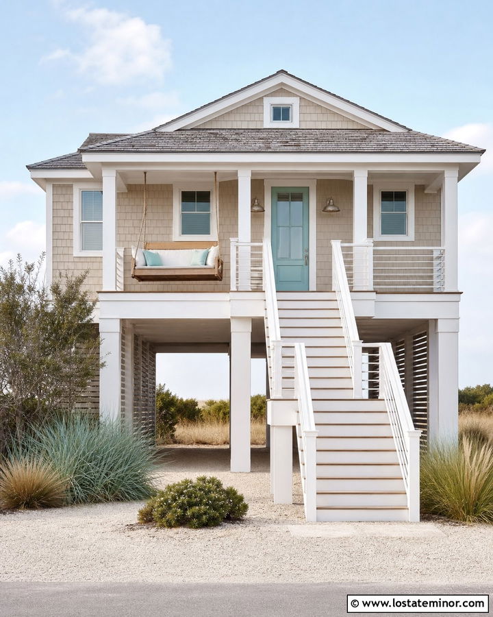 Taupe Beach House With Teak Porch Swing - 30 Taupe House Design With Swing Ideas