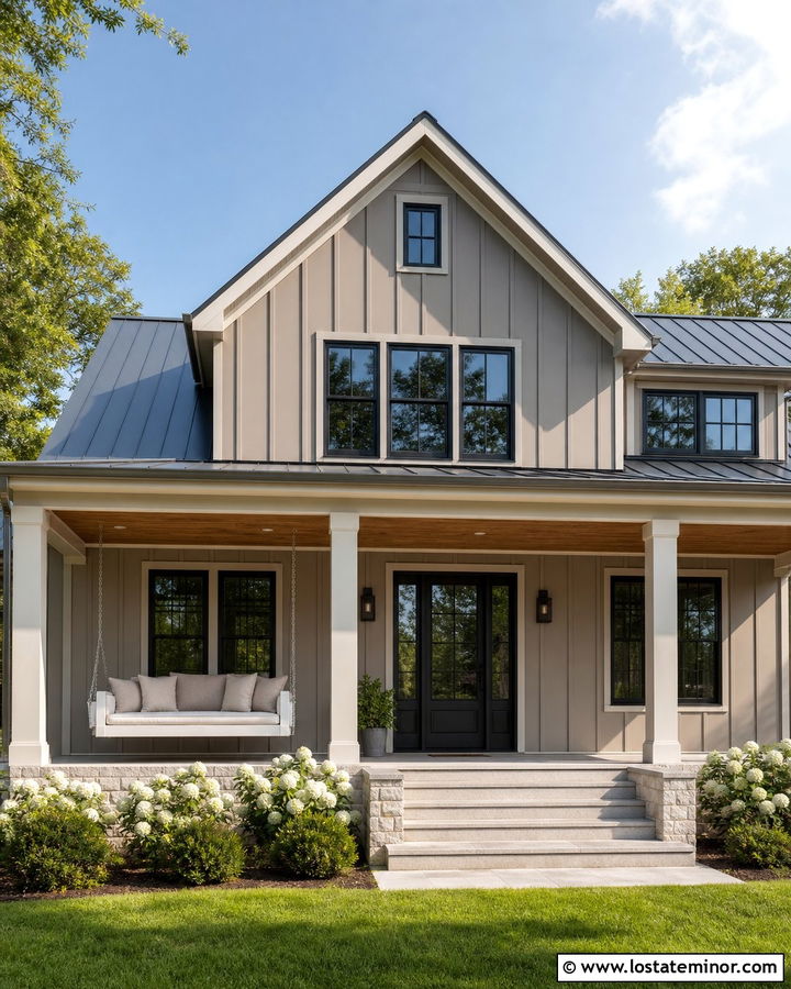 Taupe Board And Batten House With Bed Swing - 30 Taupe House Design With Swing Ideas