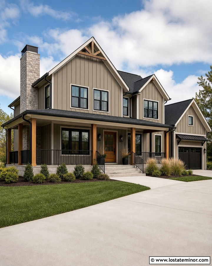 Taupe Board And Batten House With Black Window Frames - 30 Taupe House Design With Window Frames Ideas