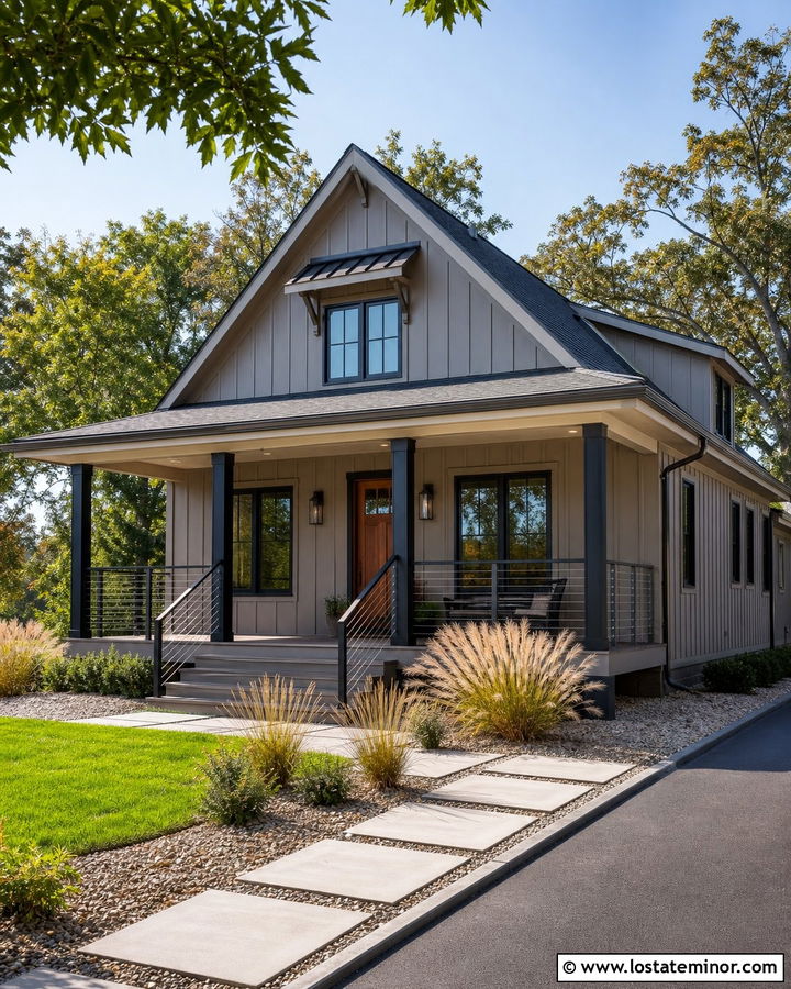 Taupe Board And Batten House With Cable Railings - 30 Taupe House Design With Railings Ideas