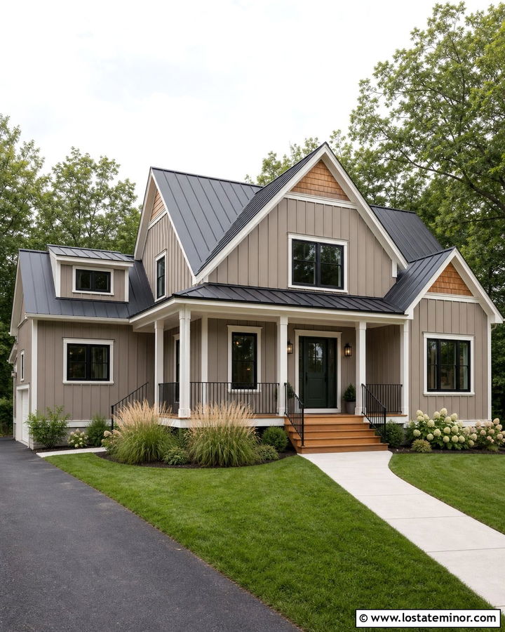 Taupe Board And Batten House With Cedar Steps - 30 Taupe House Design With Steps Ideas