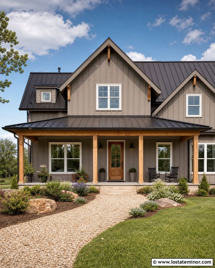 Taupe Board And Batten Siding With Wood - 30 Taupe House Design With Siding Ideas