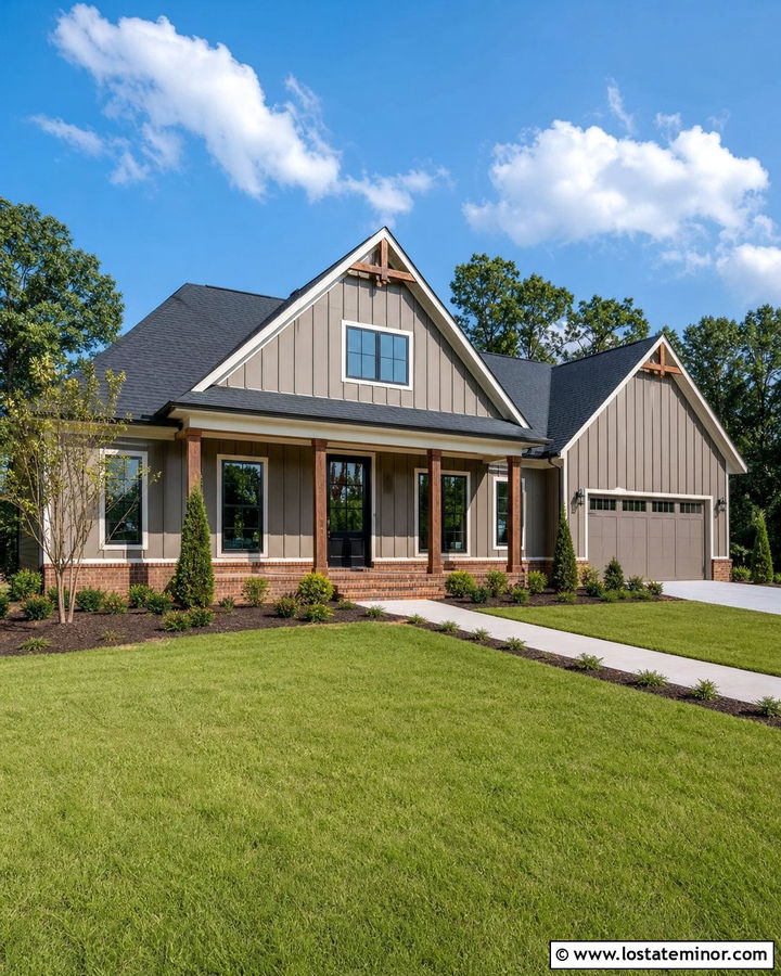 Taupe Board And Batten With Brick - 30 Taupe House Design With Brick Accents Ideas