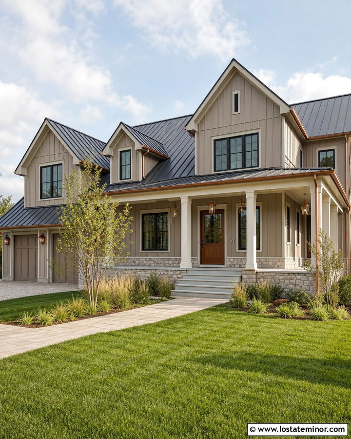 Taupe Board And Batten With Copper Dutch Door - 30 Taupe House Design With Dutch Door Ideas