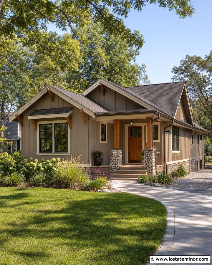 Taupe Board and Batten Bungalow With Cedar Accents - 30 Taupe House Design With Board and Batten Ideas