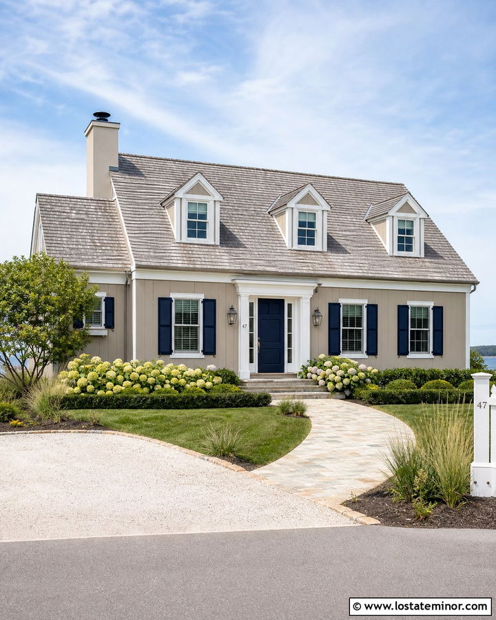 Taupe Board and Batten Cape Cod With Navy Shutters - 30 Taupe House Design With Board and Batten Ideas