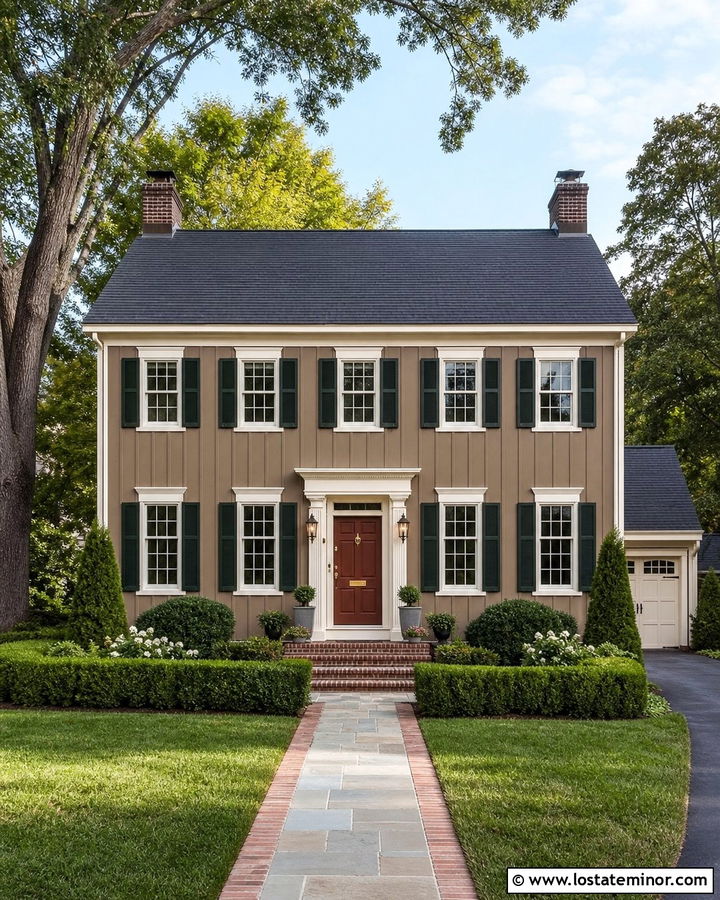 Taupe Board and Batten Colonial With Green Shutters - 30 Taupe House Design With Board and Batten Ideas