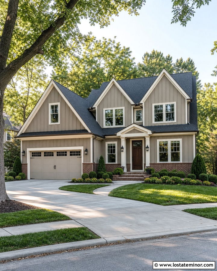 Taupe Board and Batten House With Brick Skirt - 30 Taupe House Design With Board and Batten Ideas