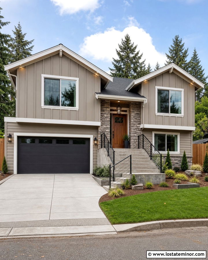 Taupe Board and Batten Split Level House - 30 Taupe House Design With Board and Batten Ideas