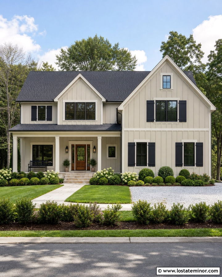 Taupe Board and Batten With Black Shutters - 30 Taupe House Design With Board and Batten Ideas