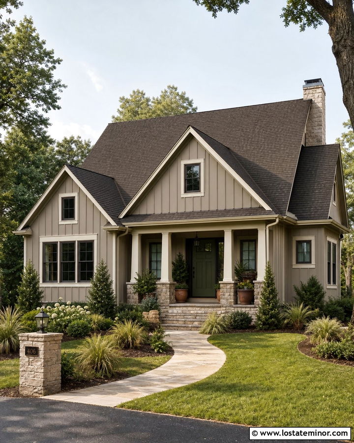 Taupe Board and Batten With Green Front Door - 30 Taupe House Design With Board and Batten Ideas