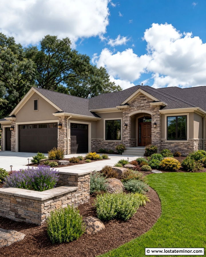 Taupe Board and Batten With Ledgestone - 30 Stone House Design With Board and Batten Ideas