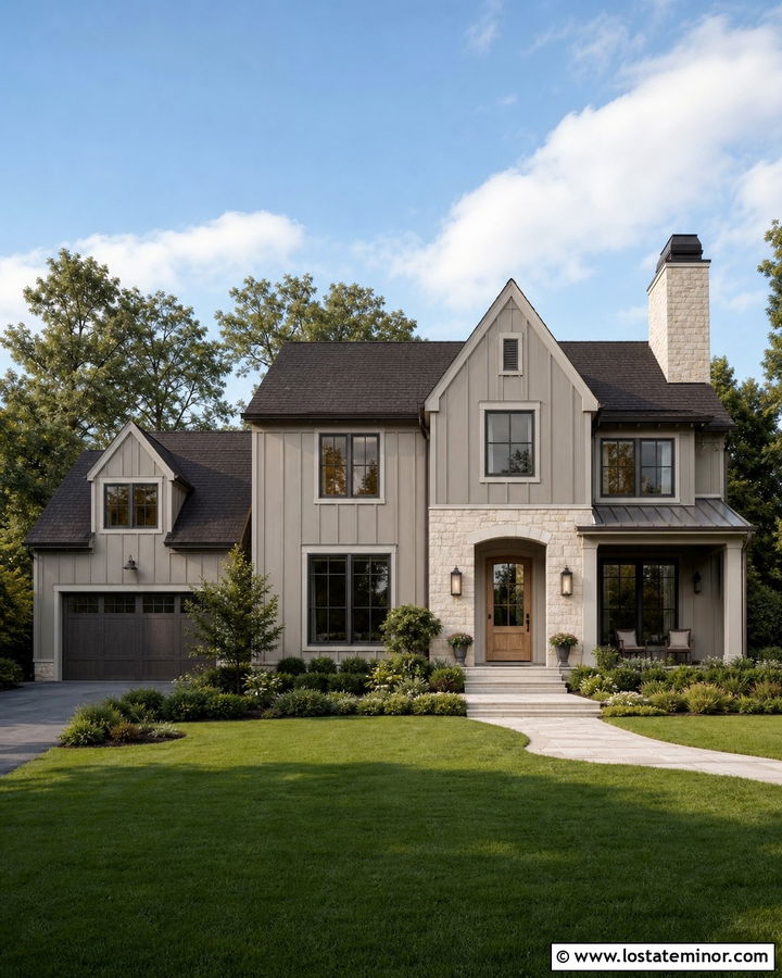 Taupe Board and Batten With Limestone - 30 Taupe House Design With Board and Batten Ideas
