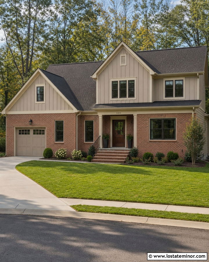 Taupe Board and Batten With Red Brick - 30 Taupe House Design With Board and Batten Ideas