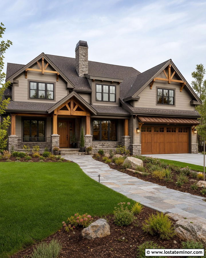 Taupe Board and Batten With Stone and Cedar - 30 Stone House Design With Board and Batten Ideas