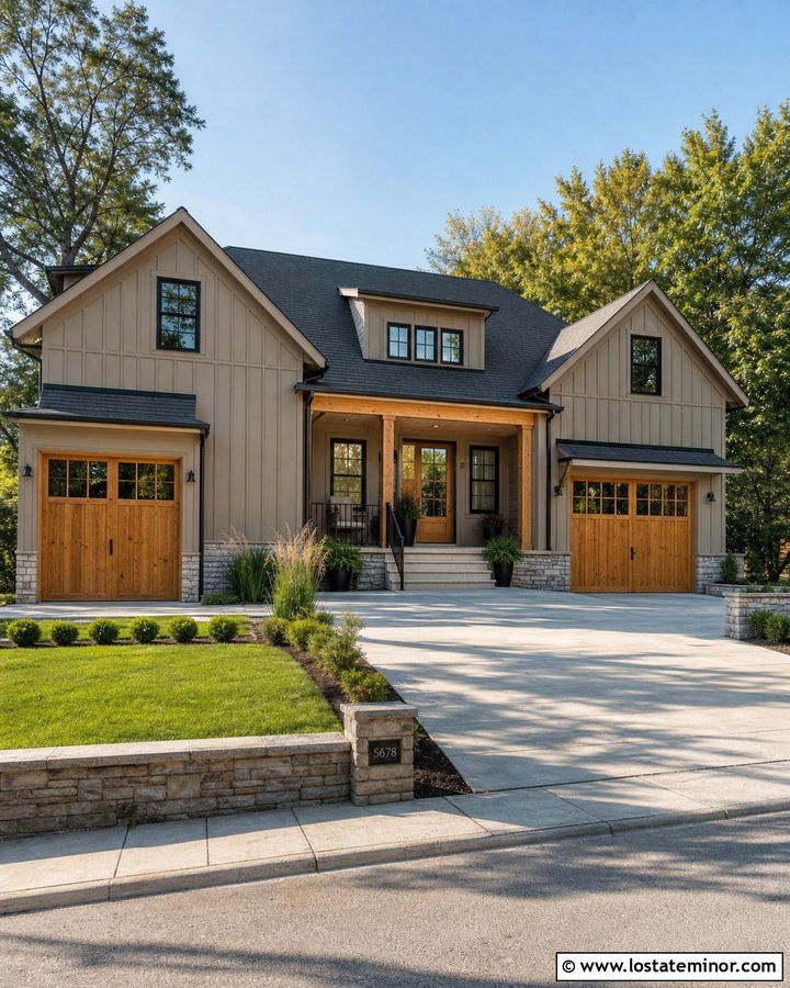 Taupe Board and Batten With Wood Garage Doors - 30 Taupe House Design With Board and Batten Ideas