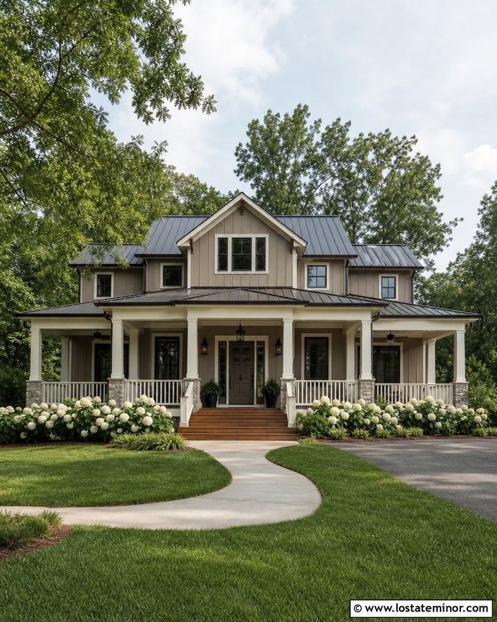 Taupe Board and Batten With Wraparound Porch - 30 Taupe House Design With Board and Batten Ideas