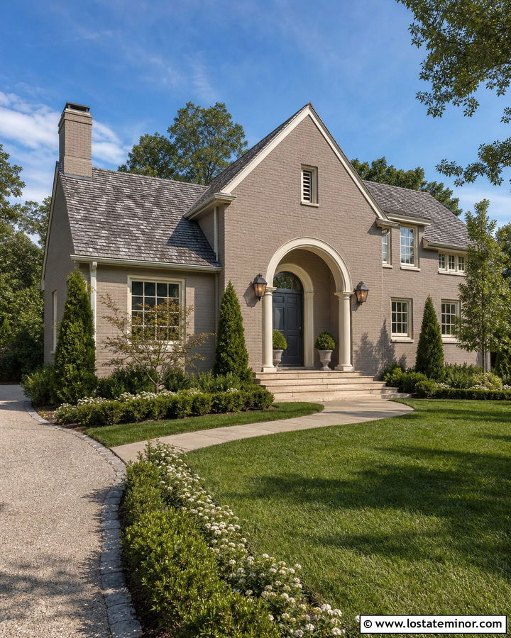 Taupe Brick House With Arched Portico - 30 Taupe House Design With Portico Ideas