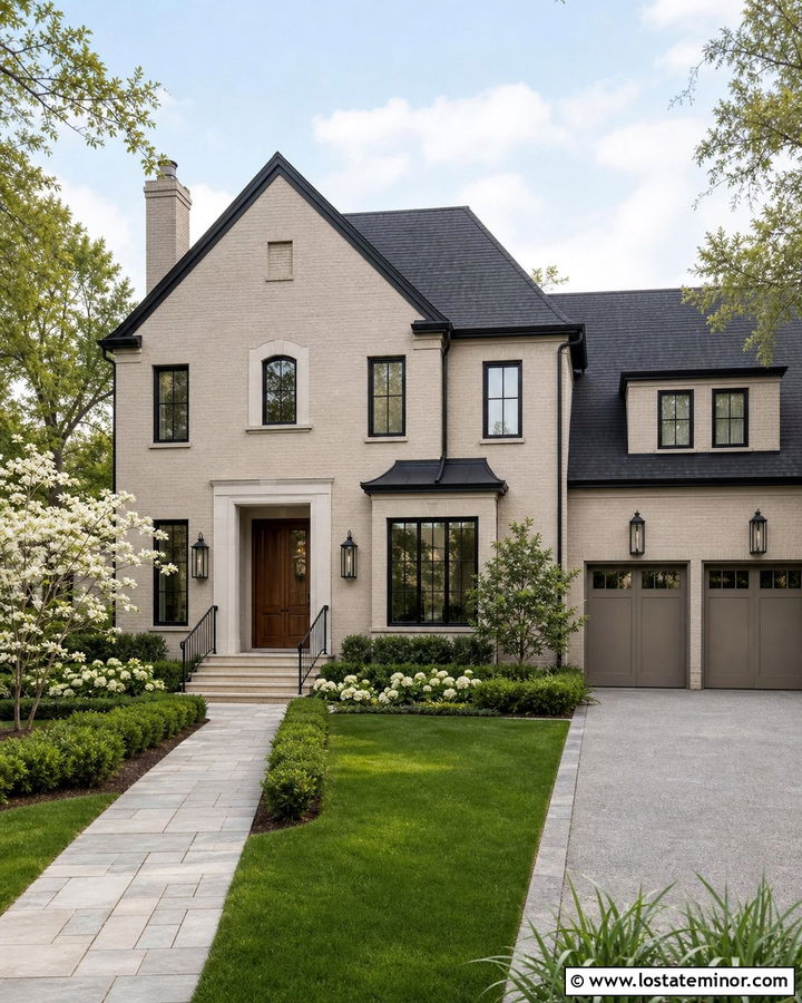 Taupe Brick House With Black Lanterns - 30 Taupe House Design With Light Fixtures Ideas