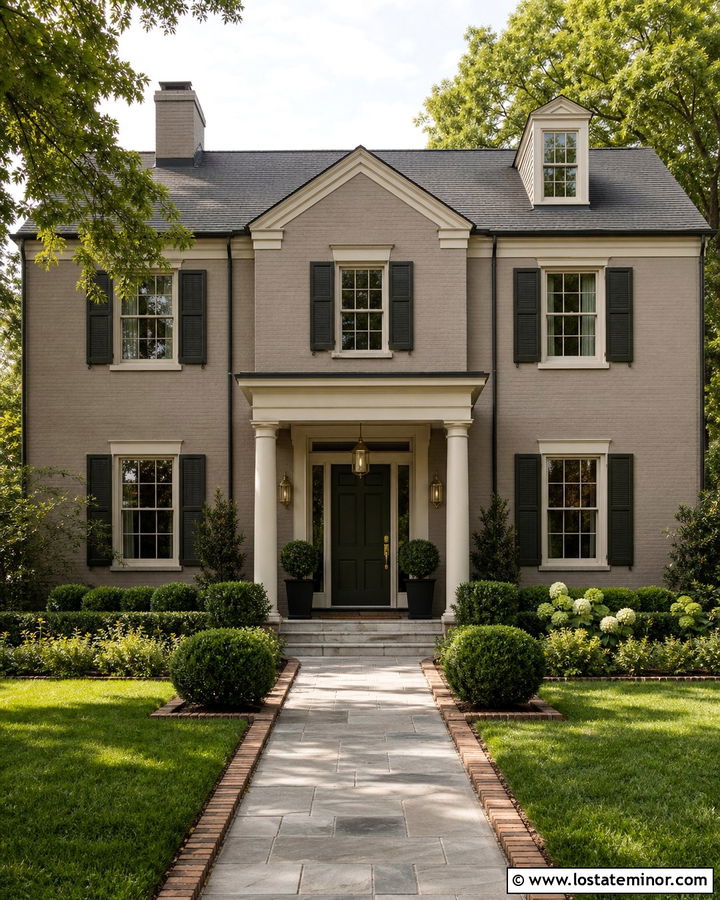 Taupe Brick House With Brass Entry Lighting - 30 Taupe House Design With Lighting Ideas
