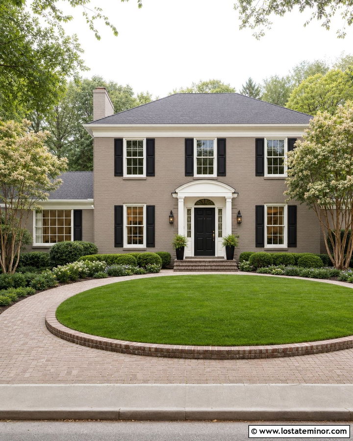 Taupe Brick House With Circular Lawn - 30 Taupe House Design With Front Yard Ideas
