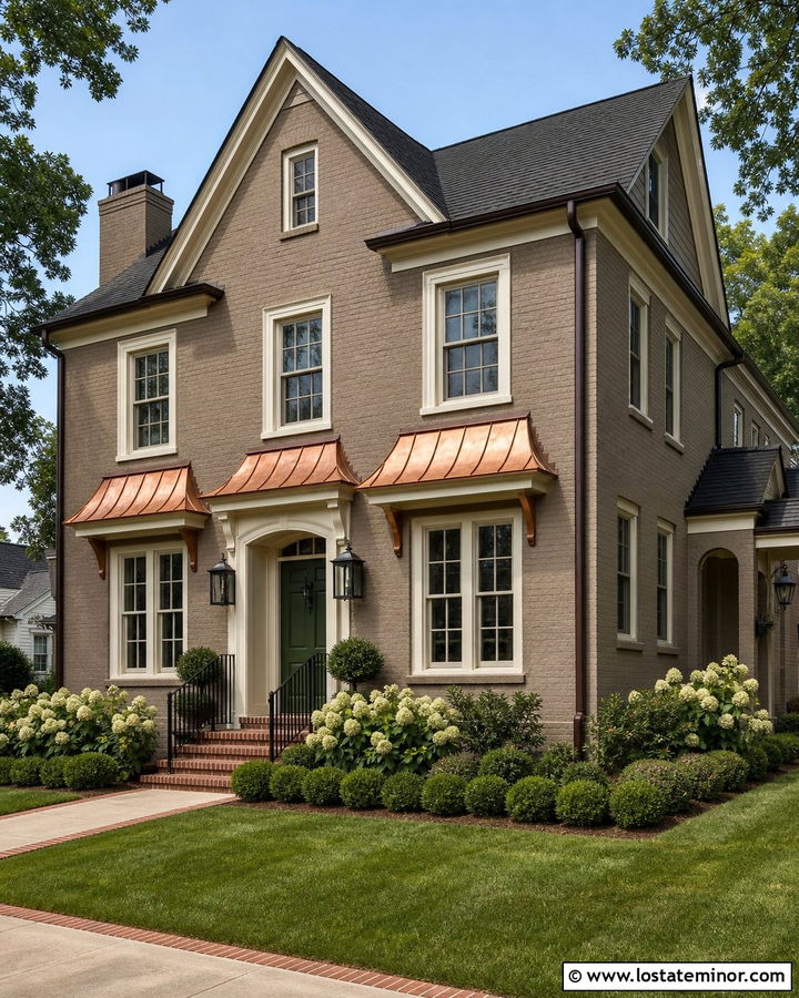 Taupe Brick House With Copper Awnings - 30 Taupe House Design With Awning Ideas