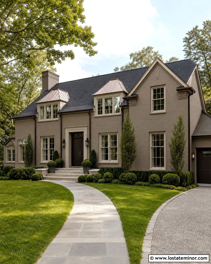 Taupe Brick House With Copper Dormers - 30 Taupe House Design With Dormers Ideas