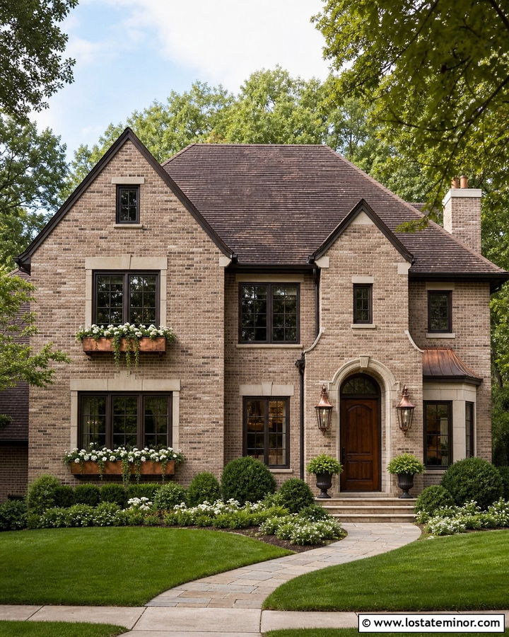 Taupe Brick House With Copper Window Boxes - 30 Taupe House Design With Window Boxes Ideas