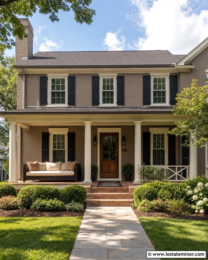 Taupe Brick House With Porch Daybed - 30 Taupe House Design With Daybed Ideas
