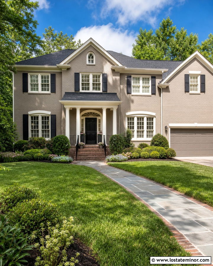 Taupe Brick House With Warm White Window Frames - 30 Taupe House Design With Window Frames Ideas