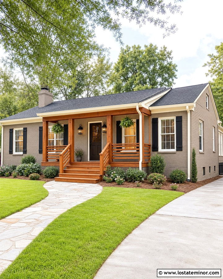 Taupe Brick House With Wood Front Porch - 30 Taupe House Design With Front Porch Ideas