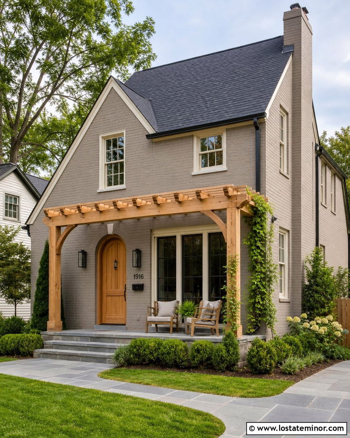 Taupe Brick House With Wood Pergola - 30 Taupe House Design With Pergola Ideas