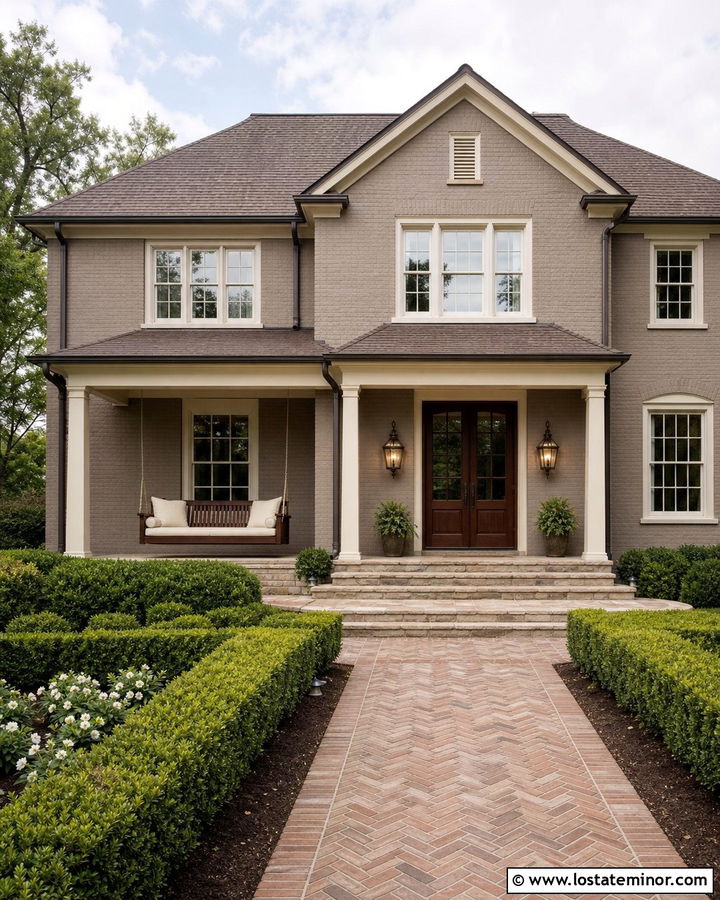 Taupe Brick House With Wood Porch Swing - 30 Taupe House Design With Swing Ideas