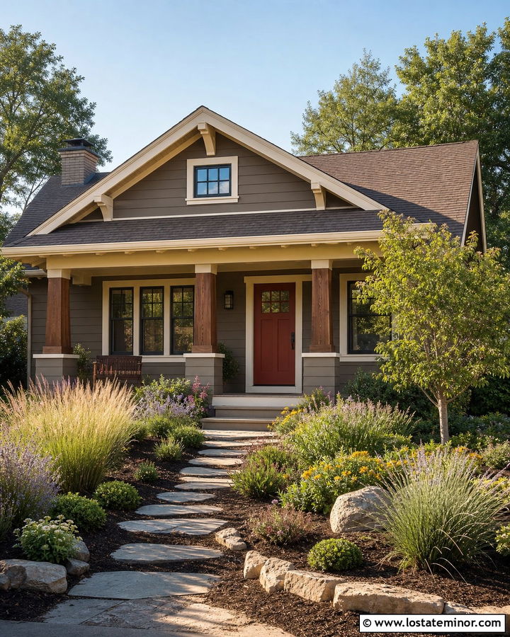 Taupe Bungalow House With Native Plant Garden - 30 Taupe House Design With Front Yard Ideas