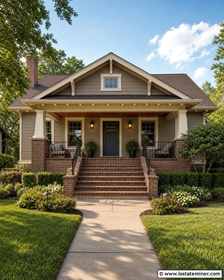 Taupe Bungalow With Brick Porch - 30 Taupe House Design With Brick Accents Ideas