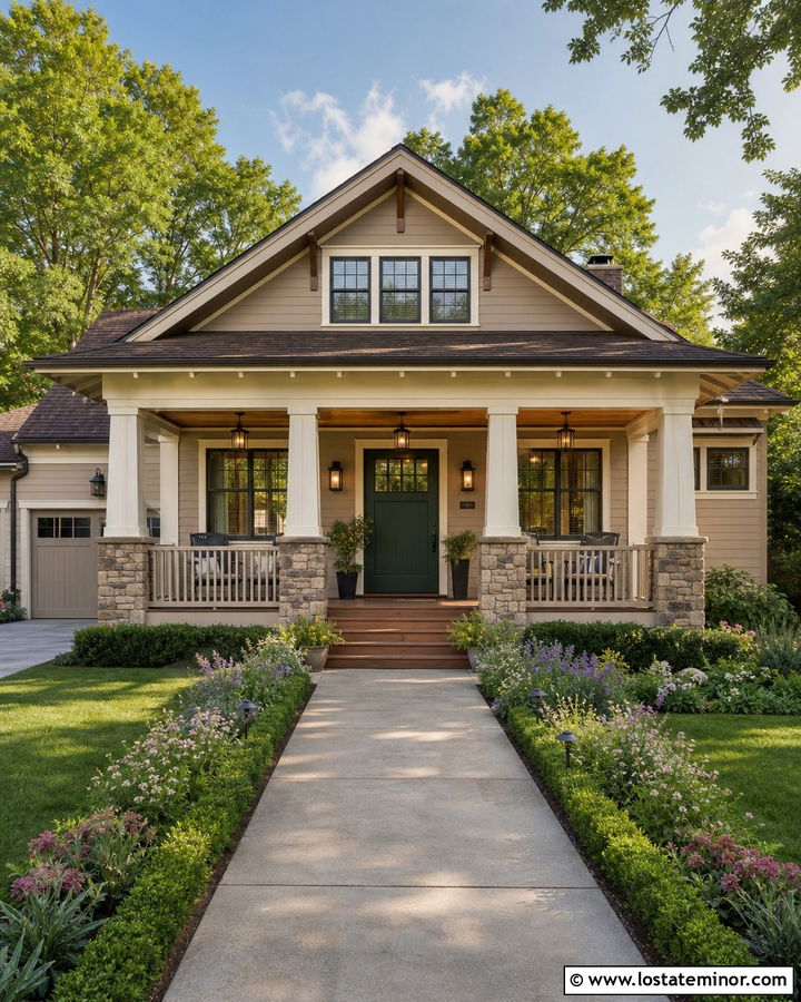 Taupe Bungalow With Bronze Lantern Pendants - 30 Taupe House Design With Light Fixtures Ideas