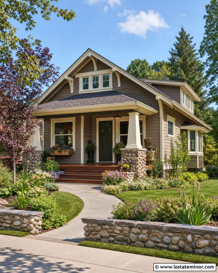 Taupe Bungalow With Cobblestone Porch - 30 Taupe House Design With Stone Accents Ideas