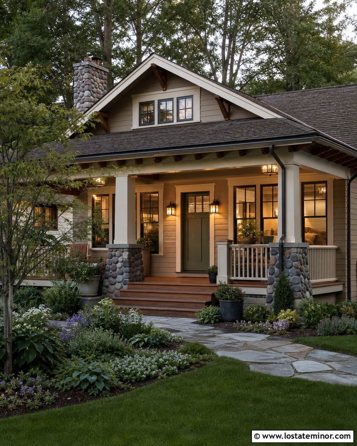 Taupe Bungalow With Craftsman Porch Lights - 30 Taupe House Design With Lighting Ideas
