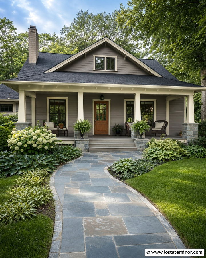 Taupe Bungalow With Curved Bluestone Walkway - 30 Taupe House Design With Walkway Ideas
