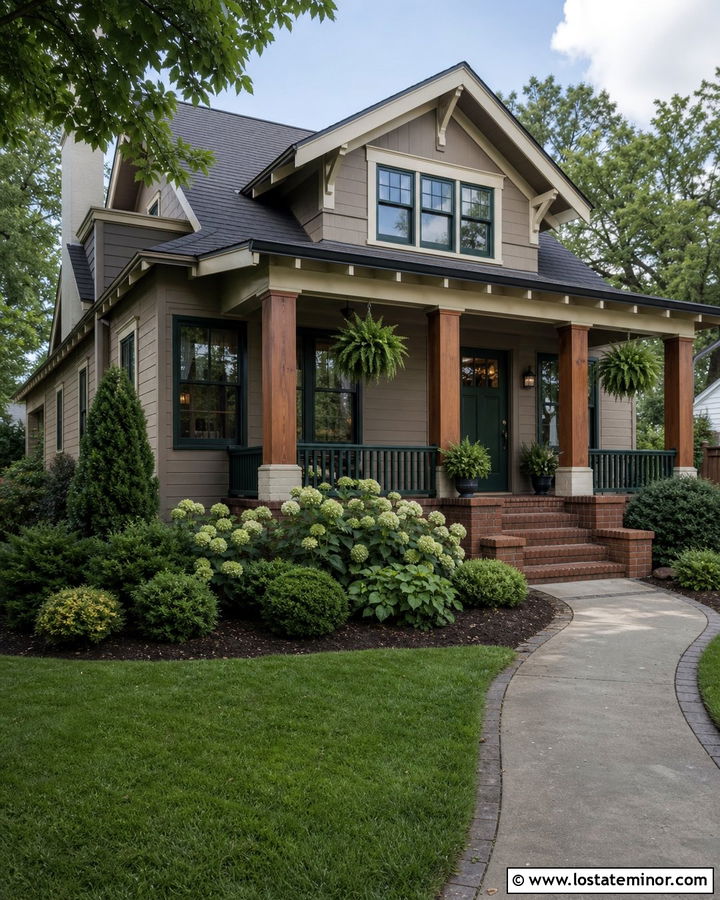 Taupe Bungalow With Dark Green Window Frames - 30 Taupe House Design With Window Frames Ideas