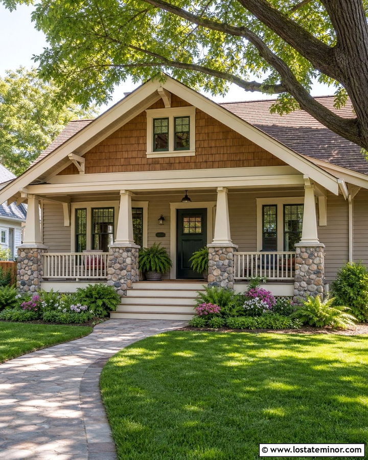 Taupe Bungalow With Decorative Front Gable - 30 Taupe House Design With Gables Ideas