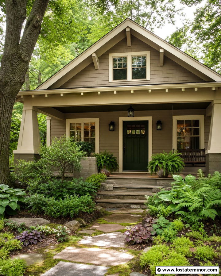 Taupe Bungalow With Ferns And Shaded Landscaping - 30 Taupe House Design With Landscaping Ideas