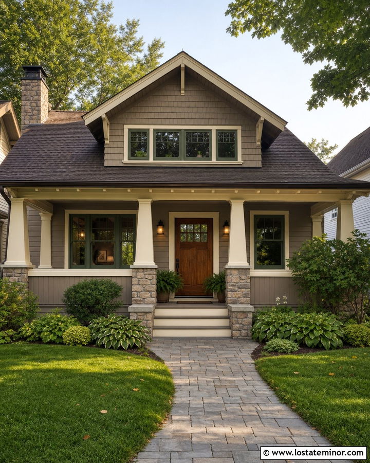 Taupe Bungalow With Front Gable Dormer - 30 Taupe House Design With Dormers Ideas