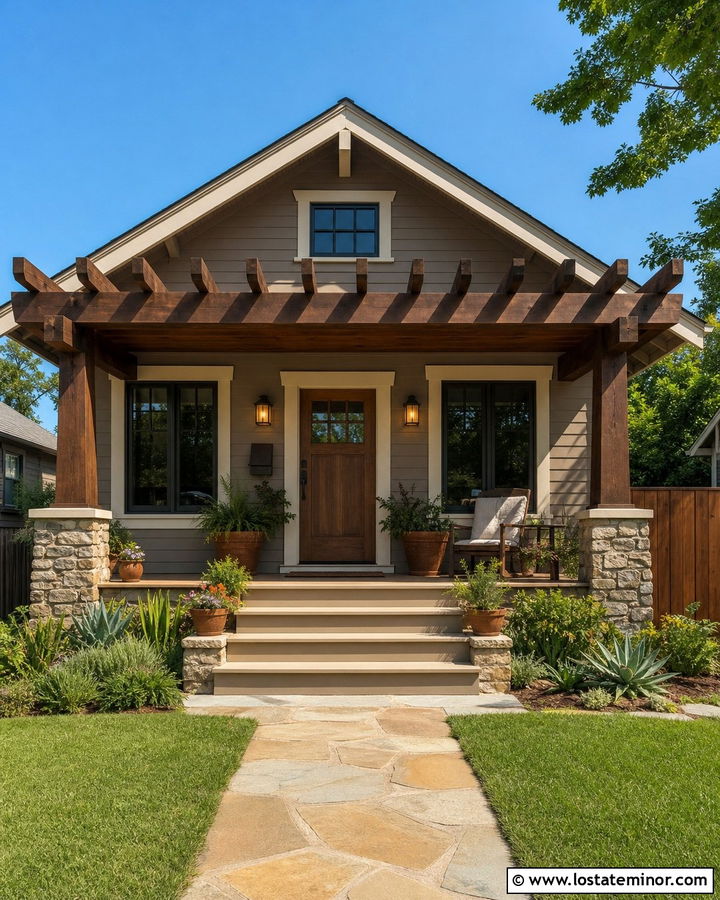Taupe Bungalow With Front Porch Pergola - 30 Taupe House Design With Pergola Ideas