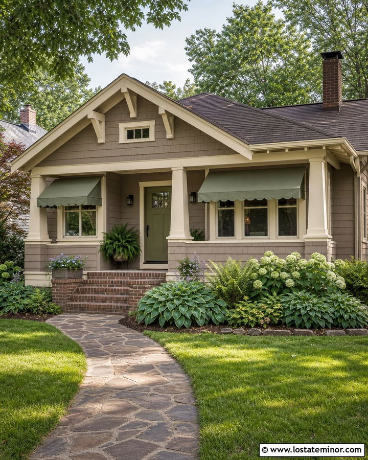 Taupe Bungalow With Sage Green Awnings - 30 Taupe House Design With Awning Ideas